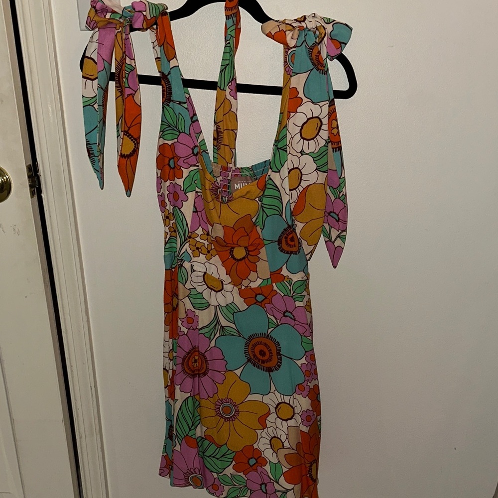 Show Me Your MuMu Floral Mini Dress in Orange, Blue, and Pink Worh Bow Ties